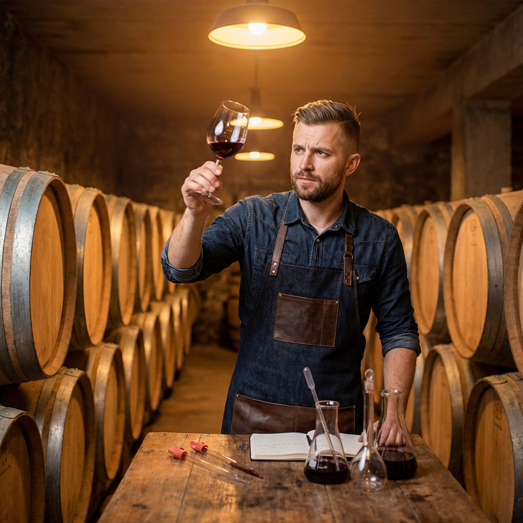 Œnologue travaillant sur l'assemblage manuel de nos cuvées